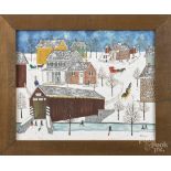 Dolores Hackenberger (American, b. 1930), oil on canvas, titled Belmont Bridge Snow Scene, signed