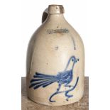 New York stoneware jug, 19th c., impressed Whites Utica, with a cobalt bird, 12" h. Large chip to