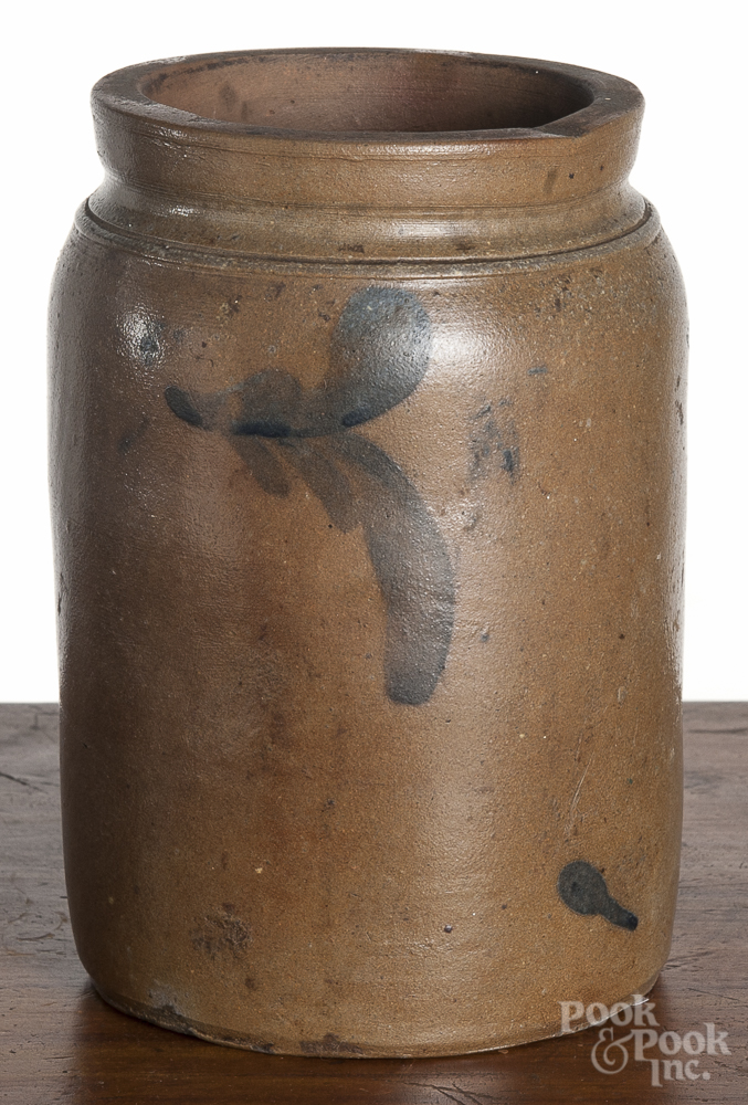 Two Pennsylvania stoneware jars, 19th c., with cobalt decoration, 8 1/4" h. Flower - 3" hairline. - Image 2 of 2