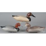 Three carved and painted Chesapeake Bay canvasback duck decoys, mid/late 20th c. Original paint,