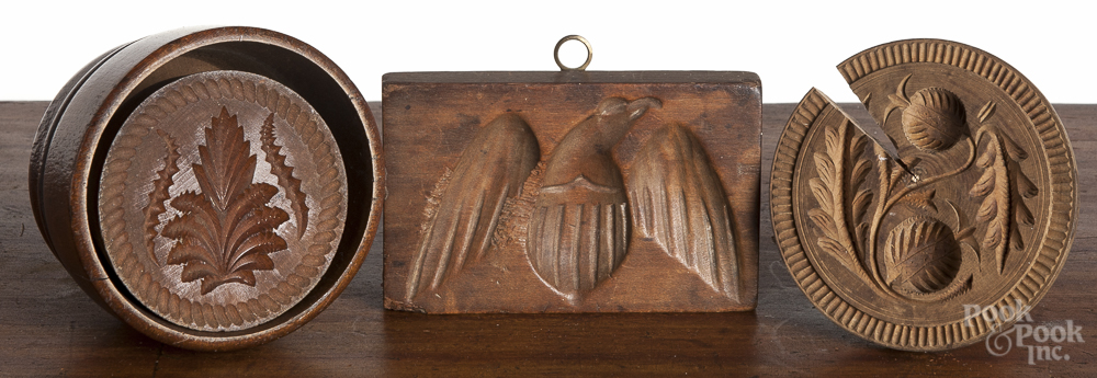 Four carved wood butter prints, 19th c., two with eagle design, largest - 5" dia. Age cracks.  CLICK - Image 3 of 3