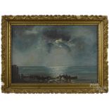 American oil on canvas moonlit coastal scene, late 19th c., initialed C.H., 15" x 22". A few