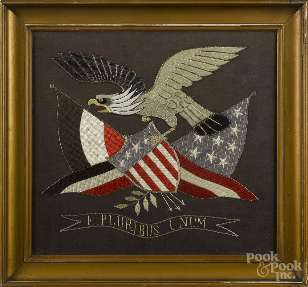 South Pacific silk embroidery of an American eagle, late 19th c., 15" x 16". Good condition with