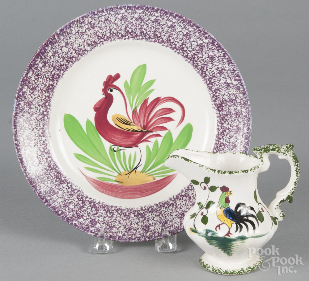 Sarreguemines spatterware plate with rooster, late 19th c., 8 1/4" dia., together with a