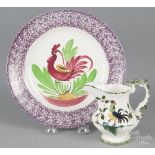 Sarreguemines spatterware plate with rooster, late 19th c., 8 1/4" dia., together with a