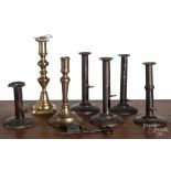 Five tin hogscraper candlesticks, 19th c., three impressed Shaw, tallest - 7 1/2", together with a