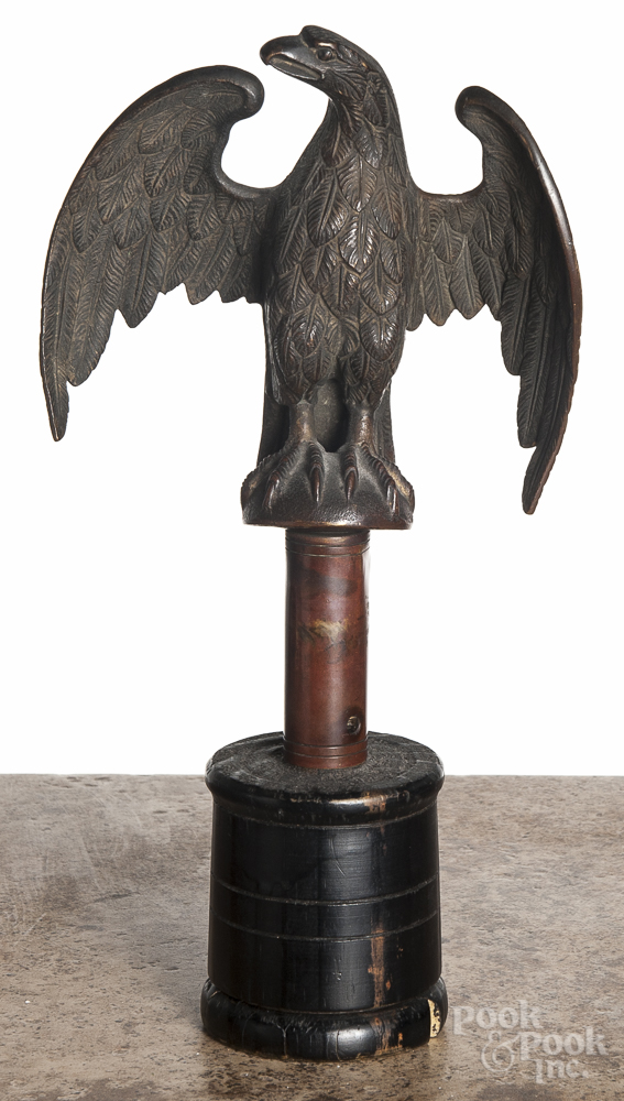 Three metal eagle finials, ca. 1900, one bronze, one iron, and one tin, tallest - 12". As expected