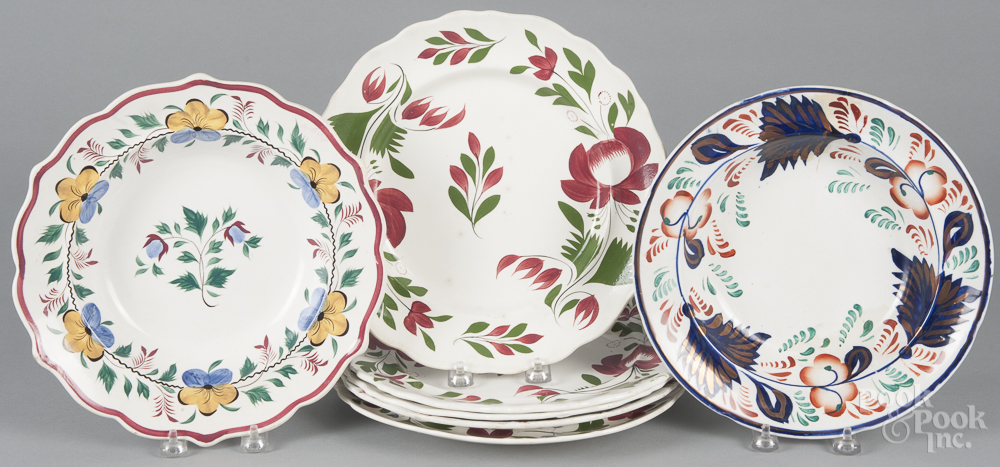 Five Adam's Rose porcelain plates, 19th c., 10 3/4" dia., together with a floral shallow bowl and