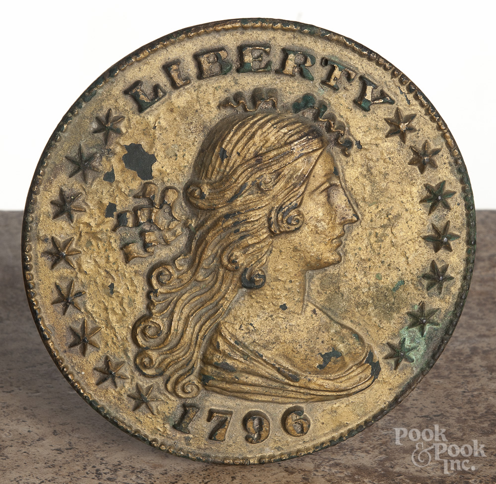 Composition 1796 Liberty coin medallion retaining an old gilt surface over a green surface, 6 1/2"