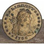 Composition 1796 Liberty coin medallion retaining an old gilt surface over a green surface, 6 1/2"