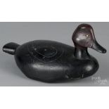 Carved and painted redhead duck decoy, mid 20th c., with incised carved heart wing detail, 13 1/2"