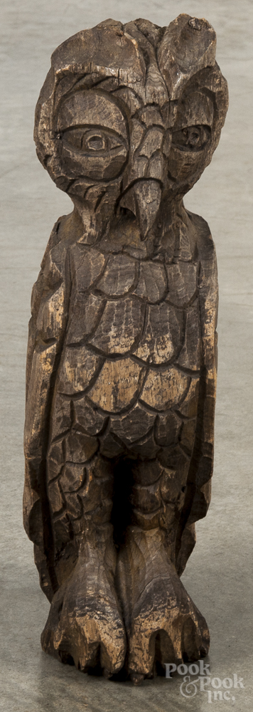 Carved pine figure of an owl, 19th c., 14" h. Small chip to one ear, as expected surface wear.