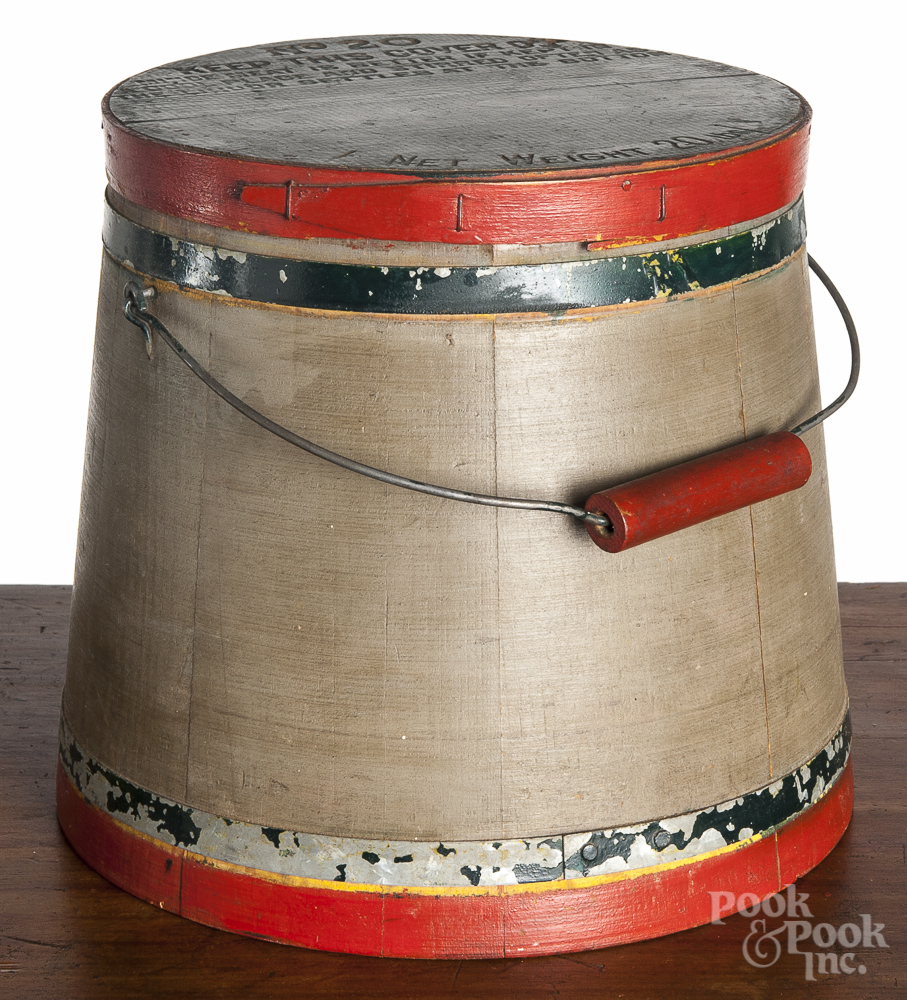 Painted mince meat bucket, ca. 1900, 10" h., retaining an old red, blue, and green surface. As