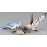 Miniature carved and painted peregrine falcon and blue jay, 20th c., 6 1/2" l. and 9 1/2" l.,