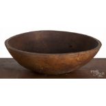 Large turned wooden mixing bowl, 19th c., 21 3/4" dia. Cracks and surface imperfections.  CLICK HERE