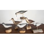 Three carved and painted shorebird decoys, signed Jim & Pat Slack, tallest - 8", together with a