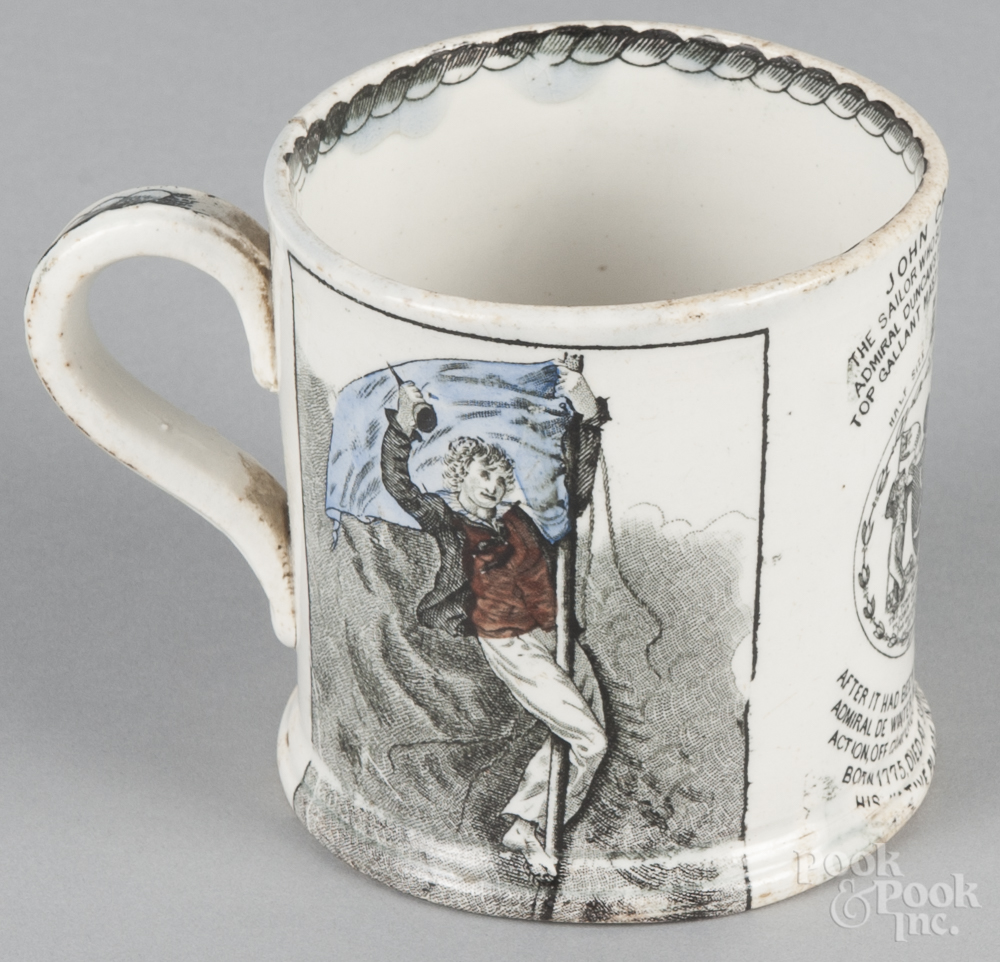 Staffordshire transferware mug, 19th c., inscribed John Crawford, with a nautical scene and