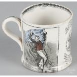 Staffordshire transferware mug, 19th c., inscribed John Crawford, with a nautical scene and