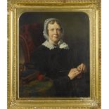 Oil on canvas portrait of a woman knitting, signed G. Sykes '59, 30" x 24 1/2". 4" patch top left.