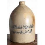 Newark, New Jersey four-gallon stoneware script jug, 19th c., inscribed Froehlich & Koehler Newark