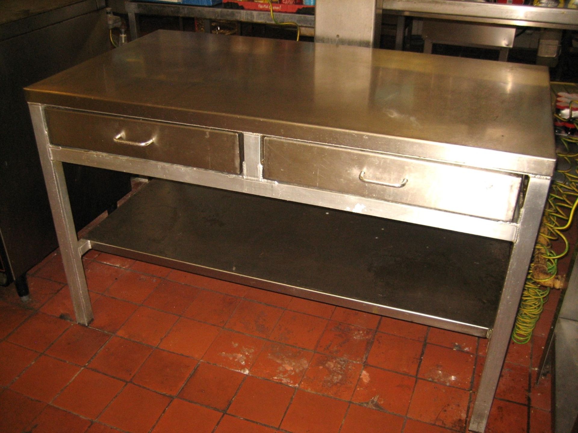 Stainless steel preparation table 2750mm x 690mm with 2 utensil drawers and shelf under (Lift out £