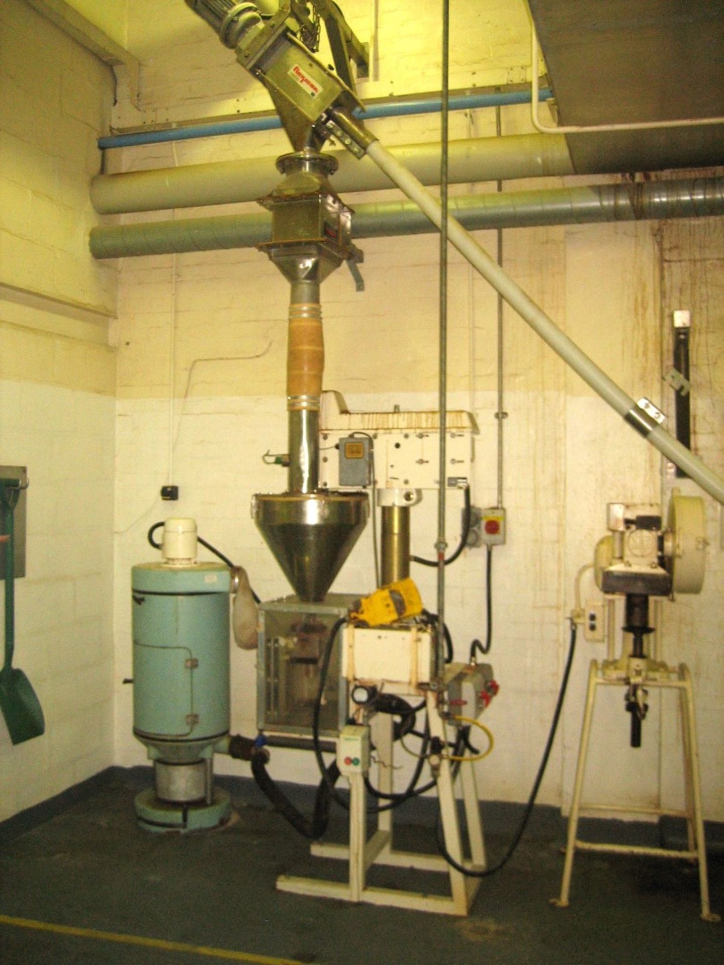 G Webb MP5P Tin filler with stainless steel hopper, Flexicon suction unit, dust collector and MB