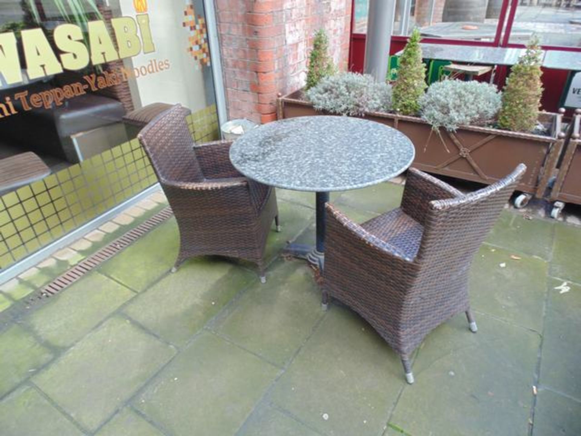 Rattan 1100mm glass top table complete with three chairs