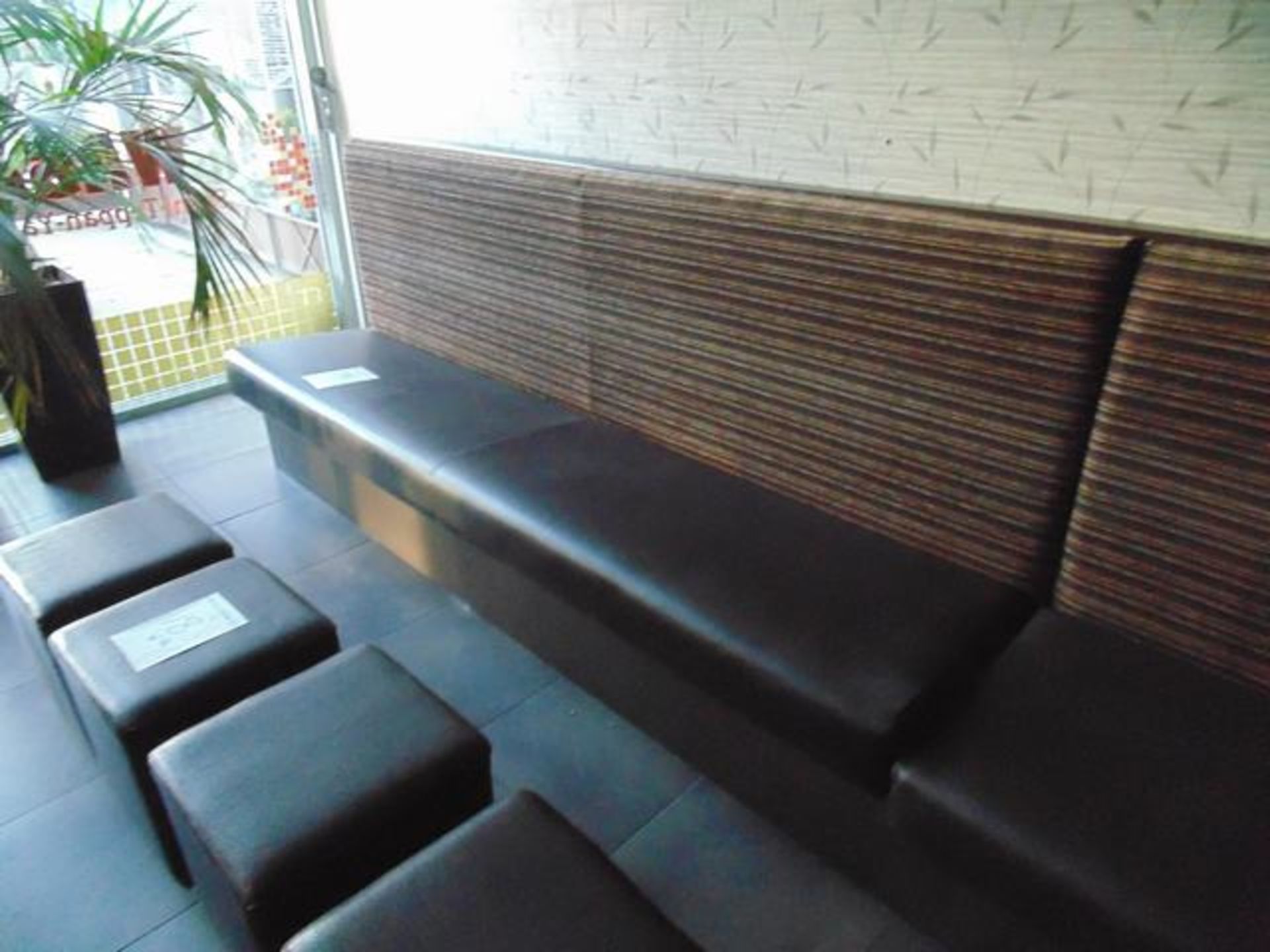 Panel back fixed banquette seating faux chocolate leather pad with upholstered back 8300mm overall x