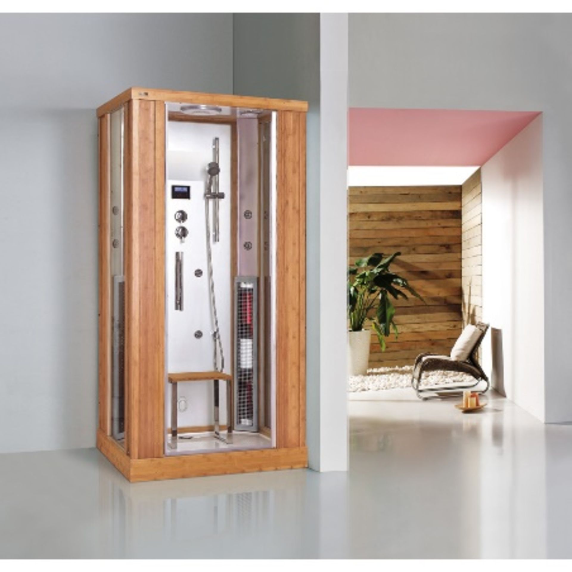 Solid Bamboo, Square ADS 260  solid bamboo steam shower and infrared sauna, amazing 3 in 1