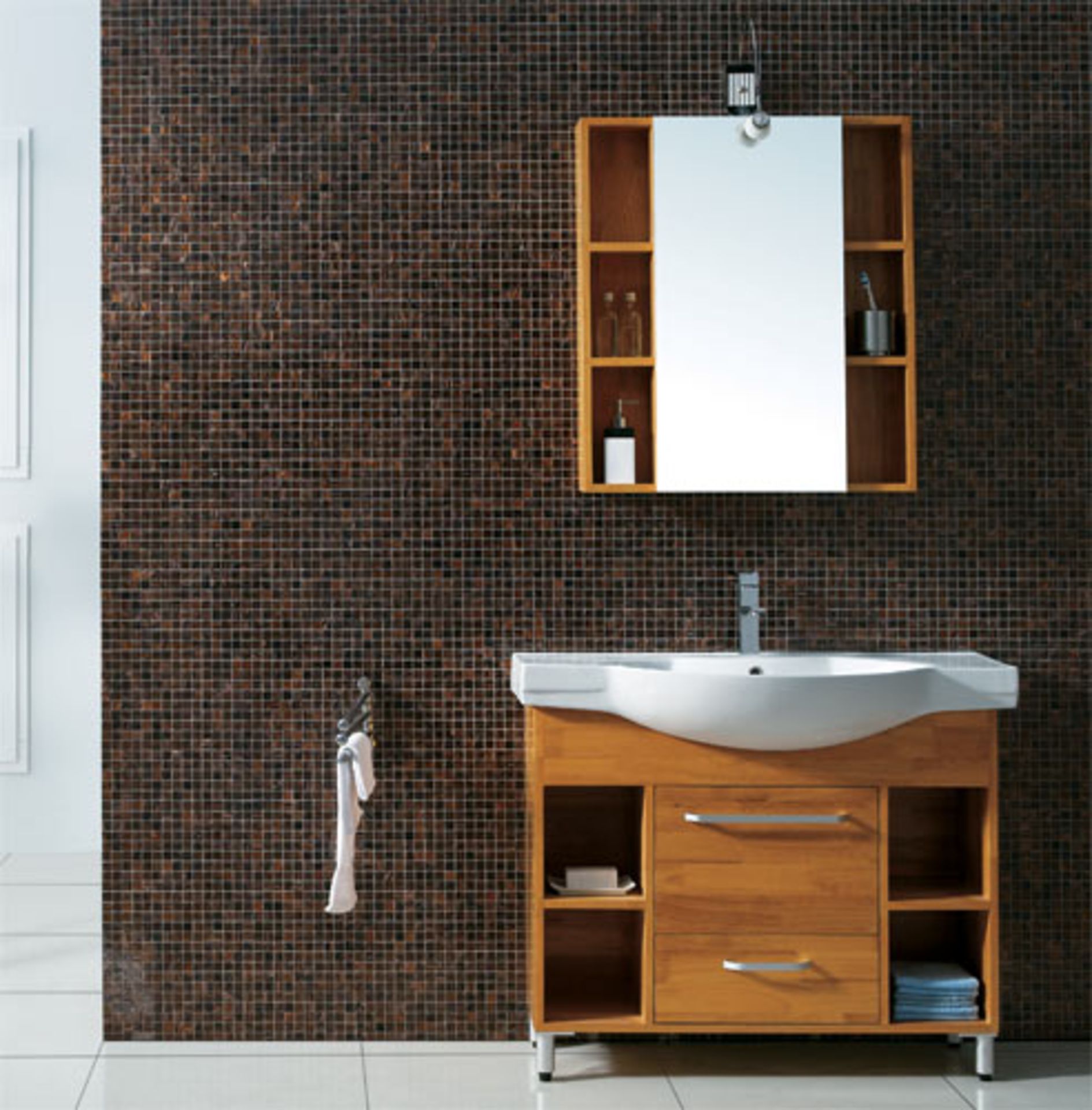 ADBF14 solid oak vanity set with beautiful ceramic sink, and wall hung cabinet that has a sliding