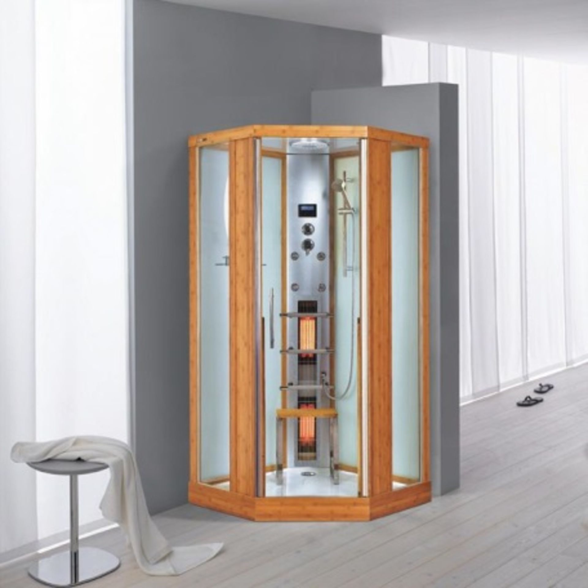 Solid Bamboo, Pentagonal ADS 261 solid bamboo steam shower and infrared sauna, amazing 3 in 1
