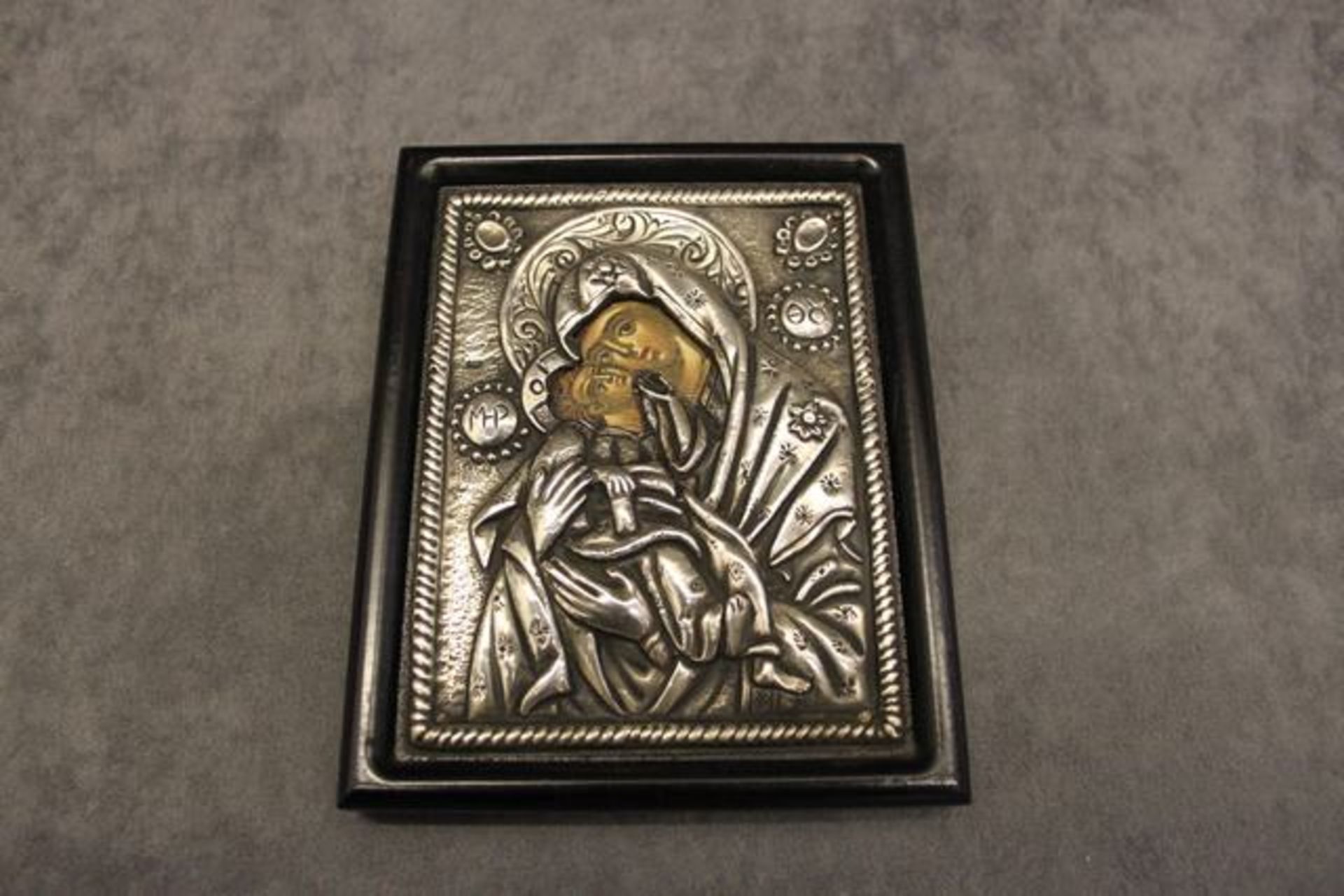 Russian Silver 84 Icon Virgin of Vladimir,  silver icon in wood frame surround stamped with makers - Image 2 of 2