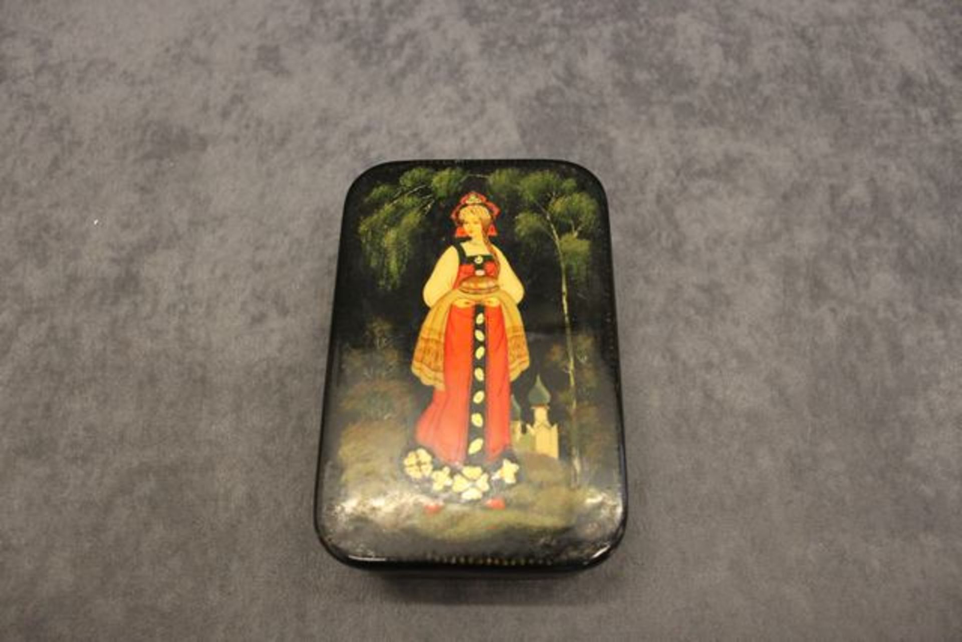 Russian lacquer box, rectangular gun metal form box painted black enamel , decorated removable lid