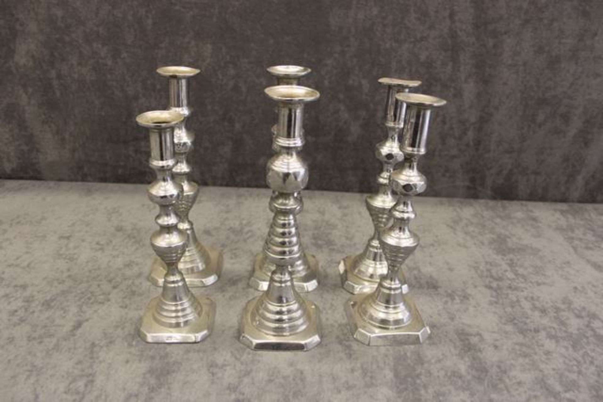 A set of two pairs Edwardian style nikel silver column candlesticks 270mm tall complete with a - Image 2 of 2