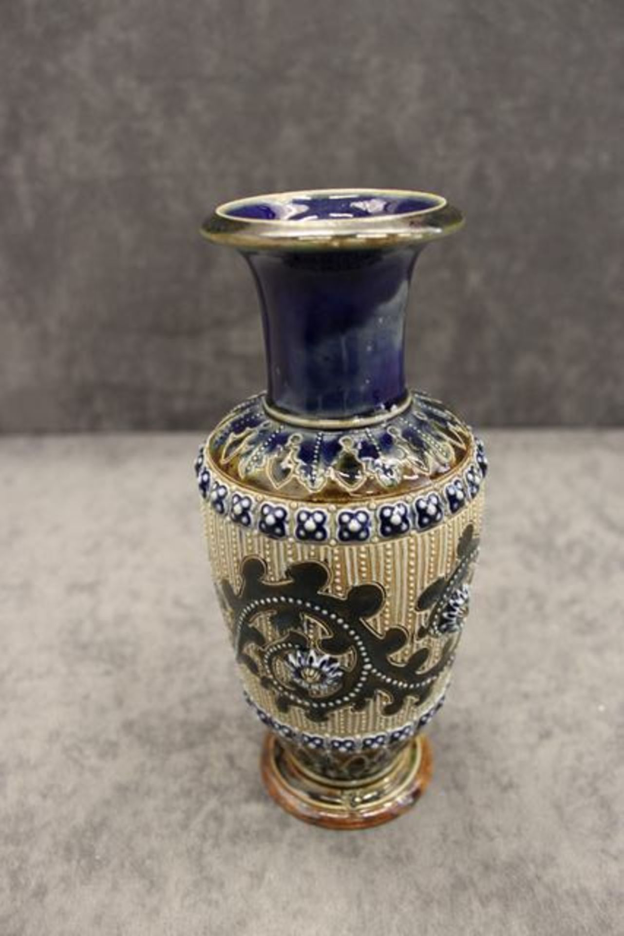 George Tinworth (British, 1843 - 1913) for Doulton Lambeth stoneware vase, dated 1876, scrolling - Image 4 of 4