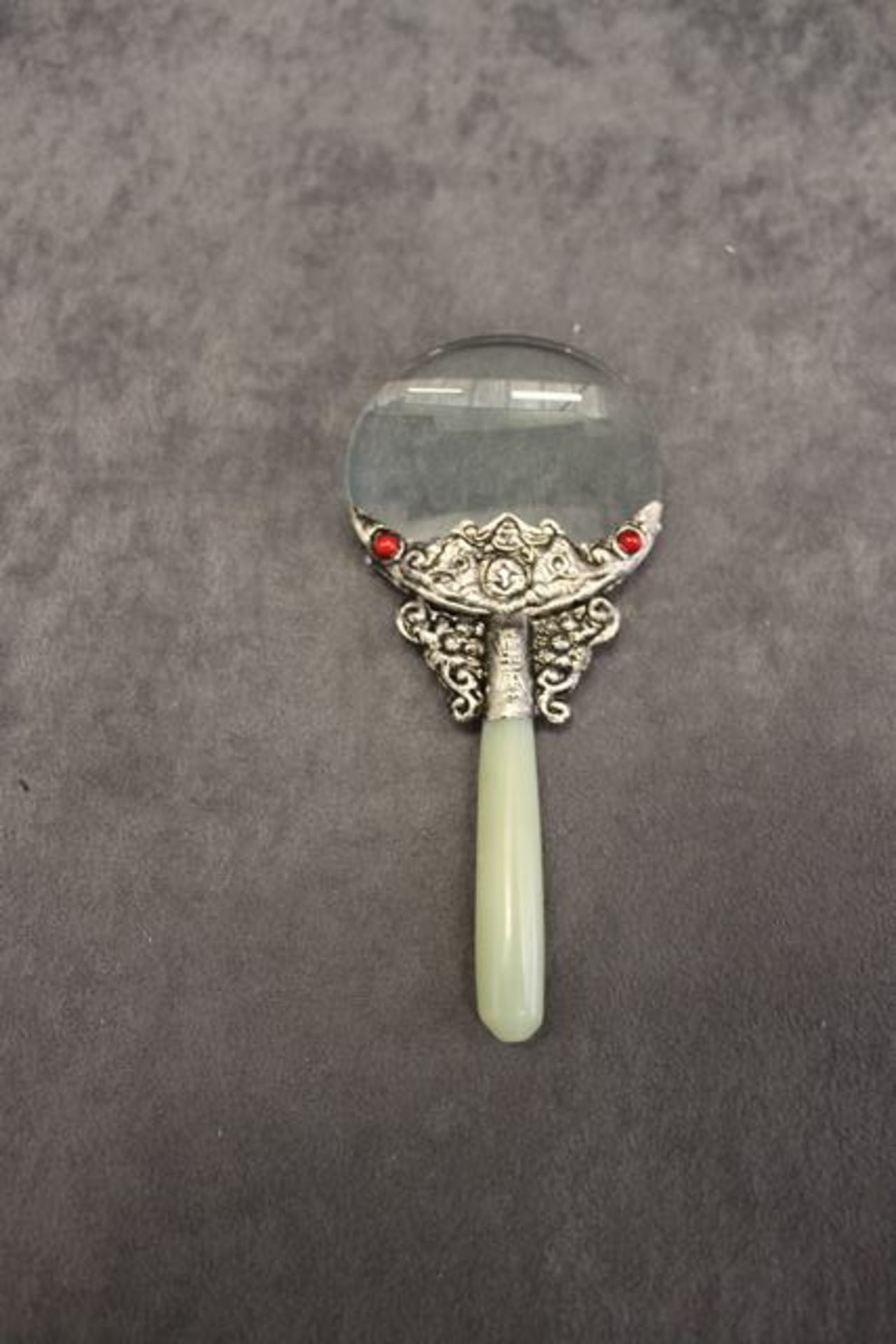 Decortative magnifying glass designed in Tibetan silver and jade, marked symbols  140mm - Image 3 of 3