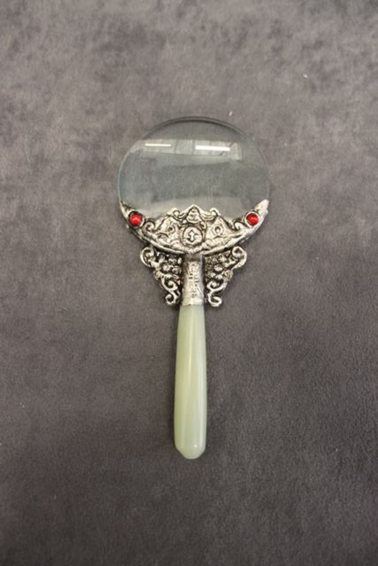 Decortative magnifying glass designed in Tibetan silver and jade, marked symbols  140mm - Image 2 of 3