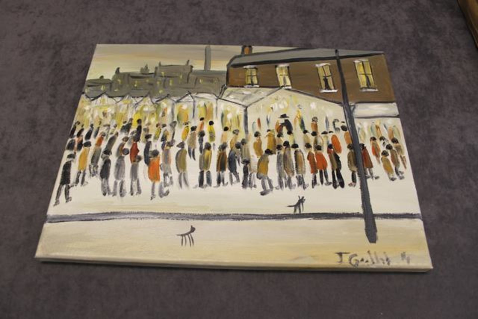 Oil on canvas "Market Day" signed John Goodlad (British) oil painting Northern Art 400mm x 300mm - Image 2 of 3