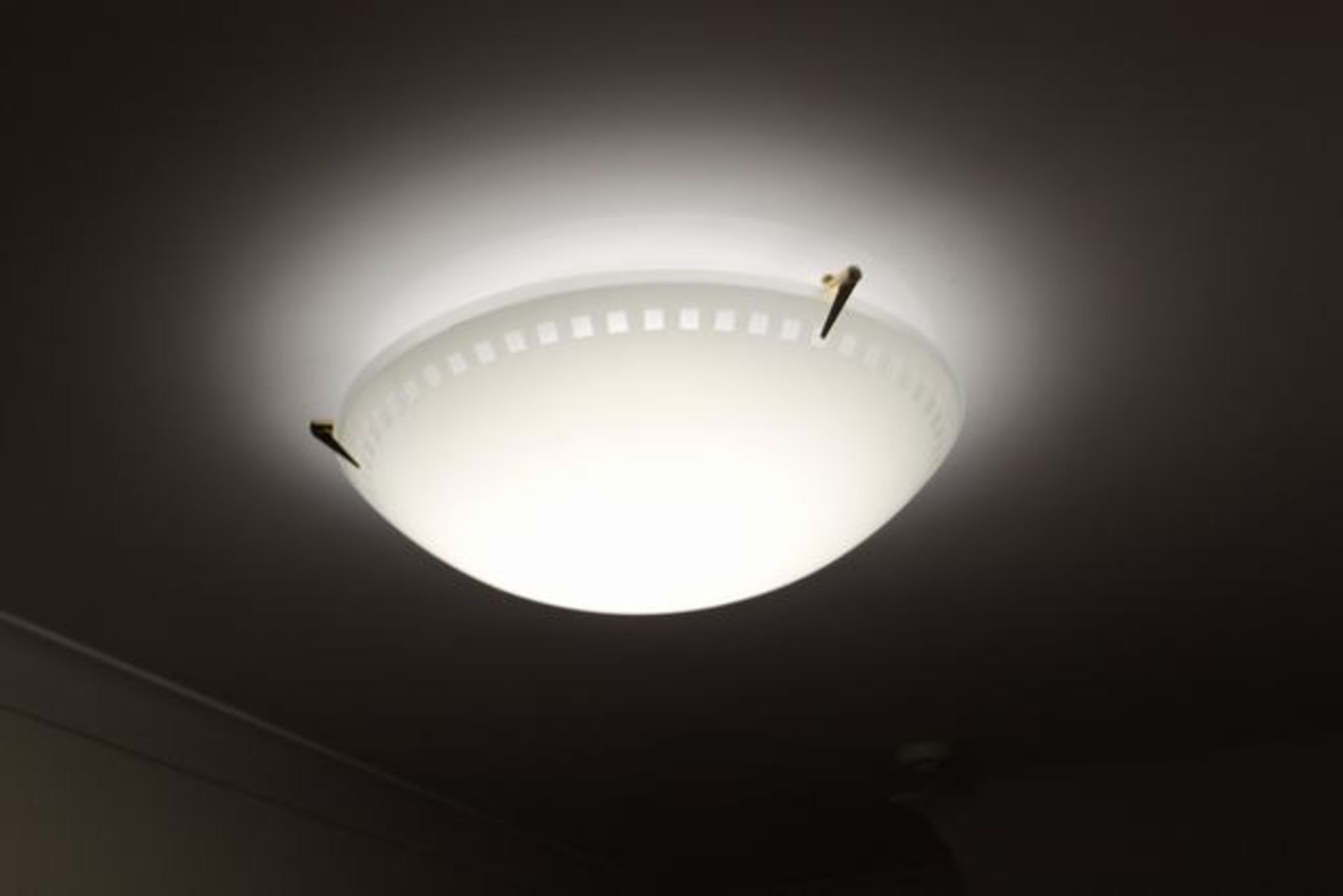 Dar Lighting  circular modern flush ceiling light with ribbed acid glass and brass finish Location