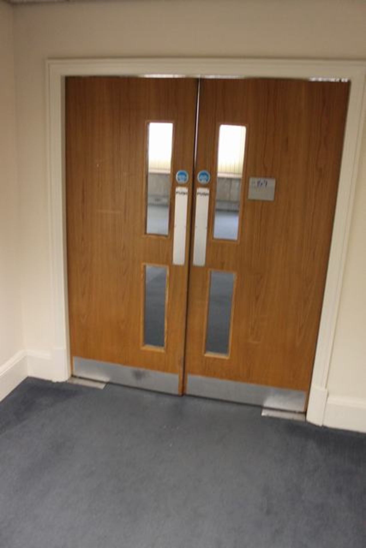 A pair of commercial fire retardant doors glass panel viewing each door being 830mm x 2040mm x