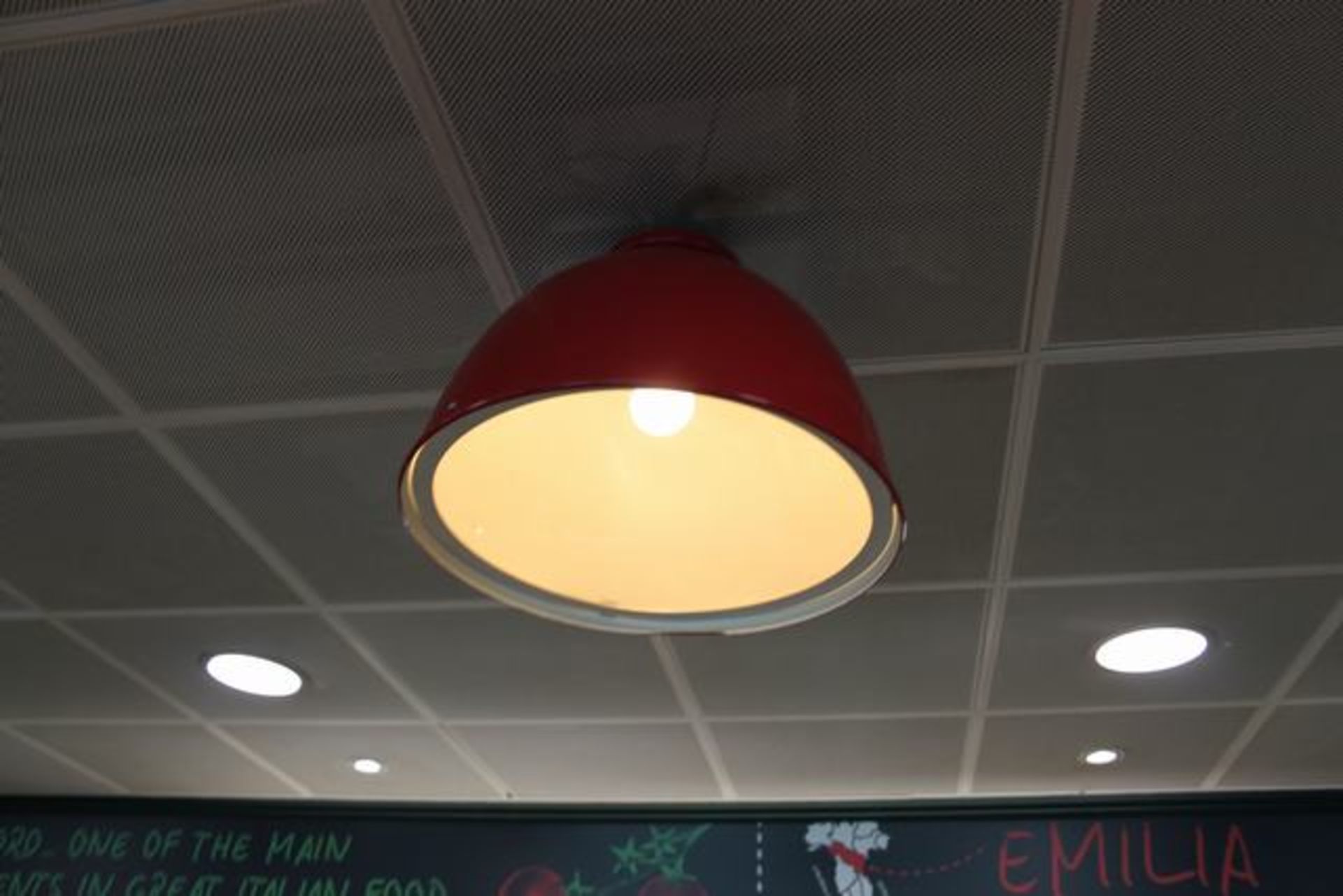 2 x Red metal ceiling down lighters 300mm