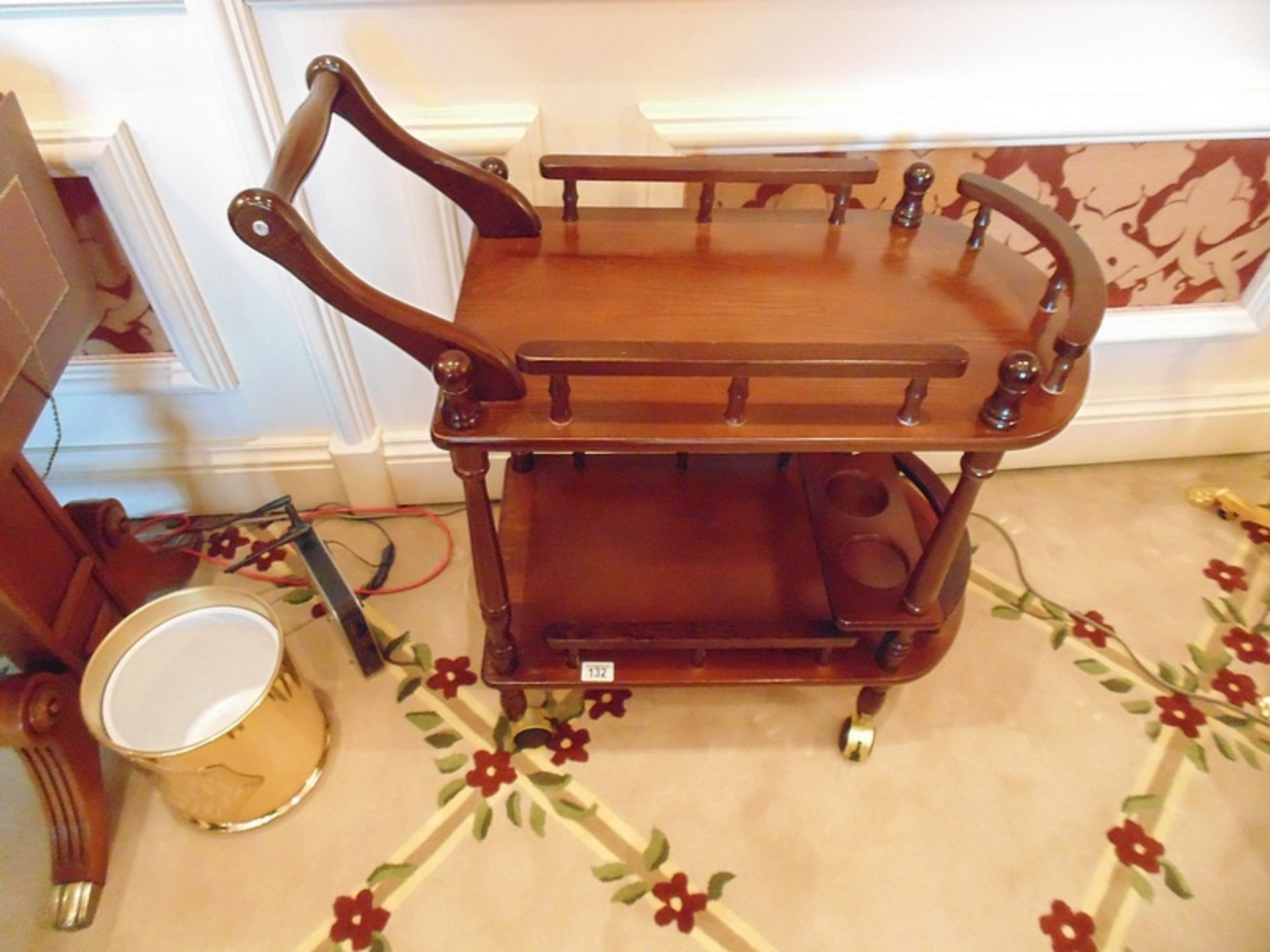 Mahogany mobile tea trolley two tier trolley on castored turned legs and railings 780mm x 360mm x