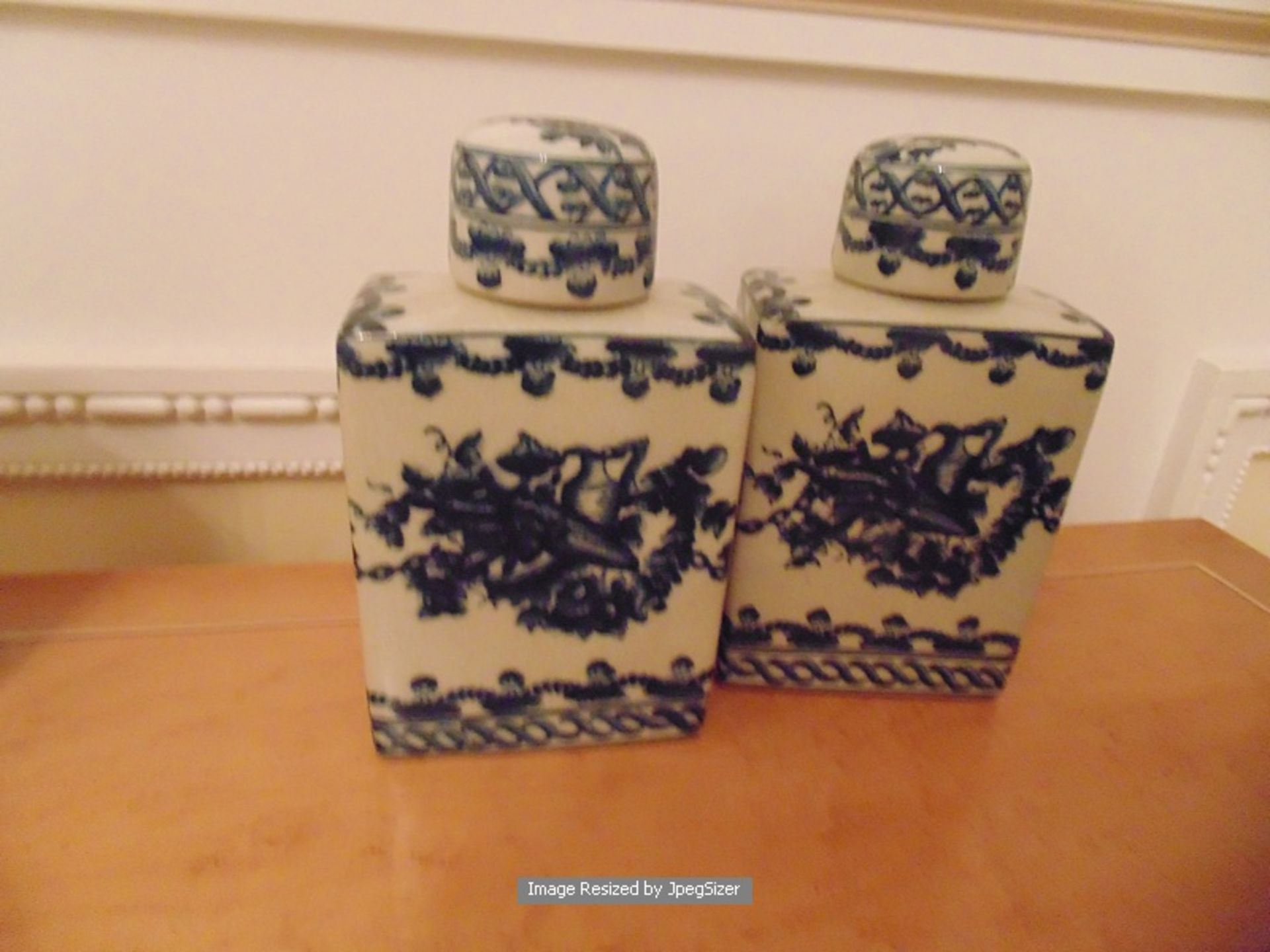 2 x blue and white crackleware lidded jars inscribed Altea