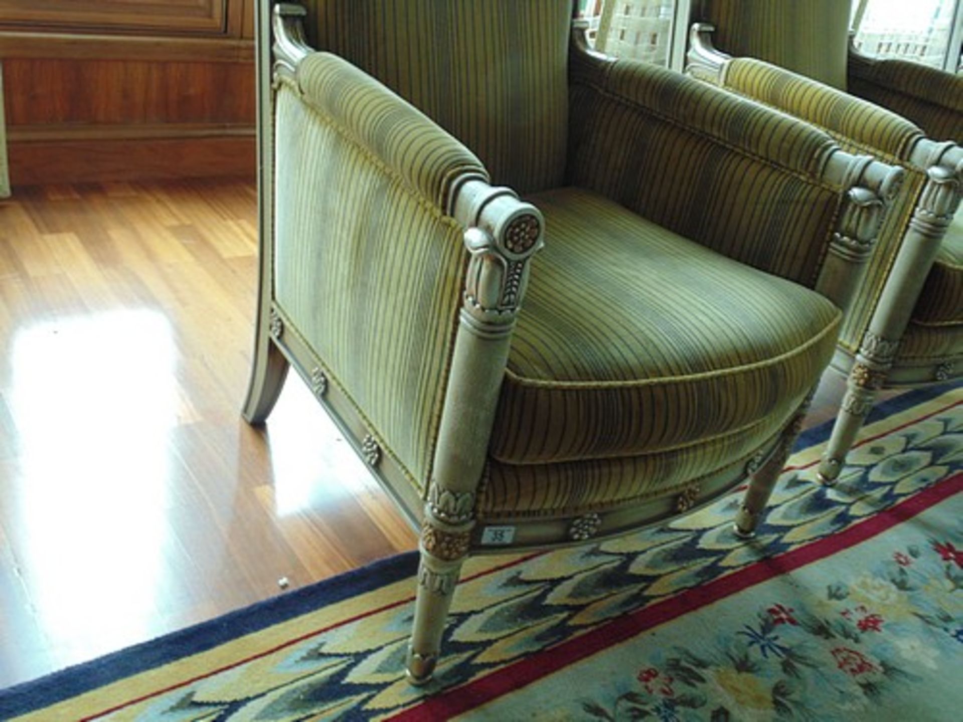 A pair of Louis XVI style Directoire Bergères painted and lacquered wood armchairs 720mm x 700mm x - Image 3 of 3