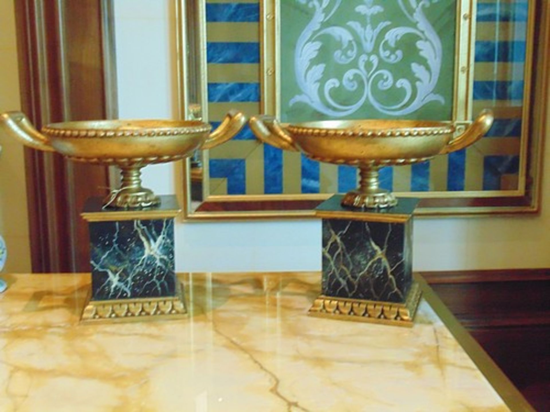 A pair of faux Empire style Tazza with handles on base  light wooden twin handled faux ornamental - Image 3 of 3