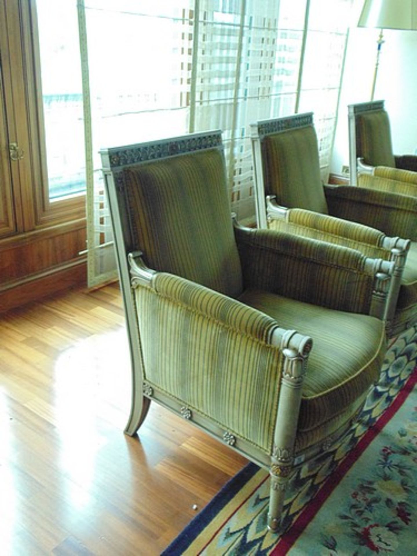 A pair of Louis XVI style Directoire Bergères painted and lacquered wood armchairs 720mm x 700mm x - Image 6 of 6