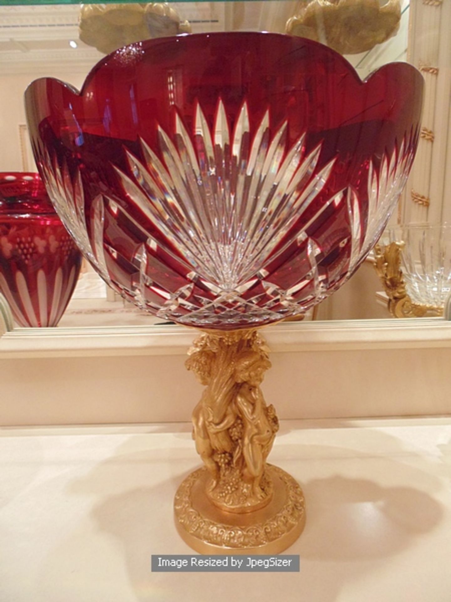 Baldi Home Jewels stunning ruby red and clear crystal scalloped cup bowl mounted on bronze figural