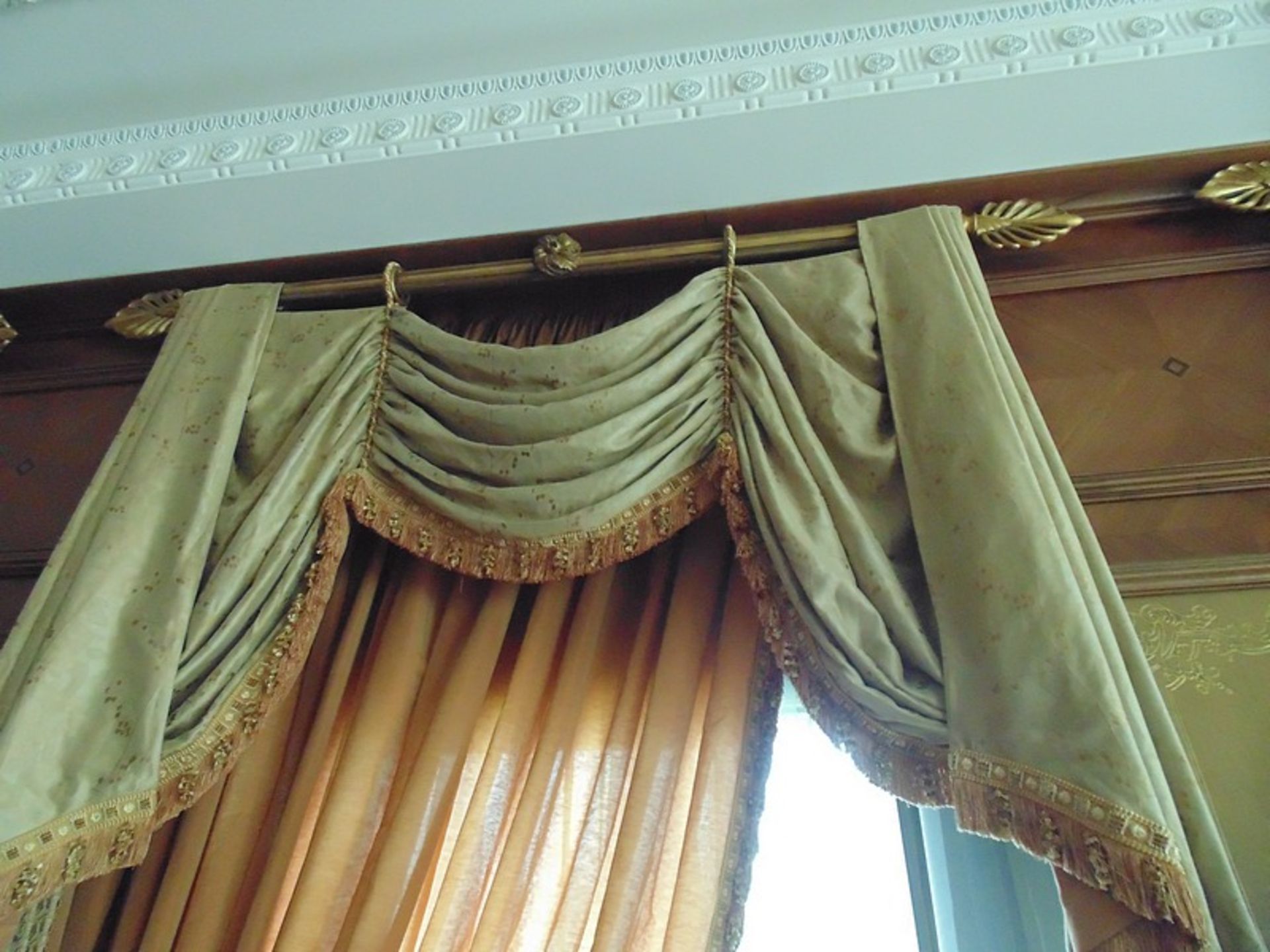 A pair of gold and burgundy curtains supplied by Jacquard from Rudolph Ackermann`s A series design - Image 3 of 3