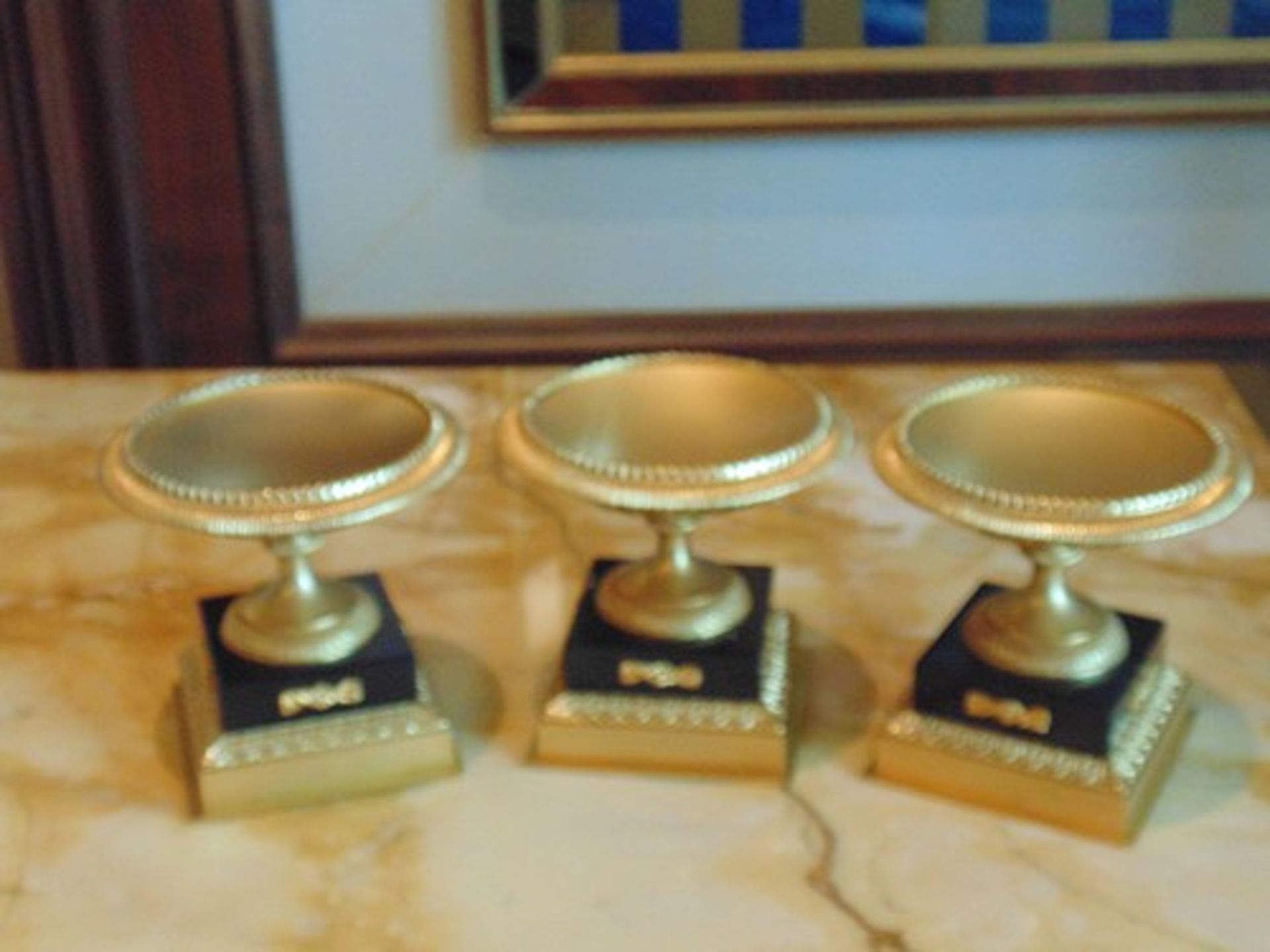 A set of 3 x French Empire style Tazza on marble base, a single gilded bronze mounted on a square - Image 2 of 6