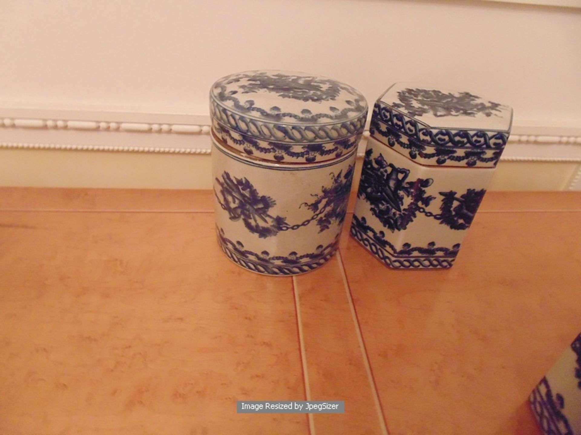 2 x blue and white crackleware lidded jars inscribed Altea